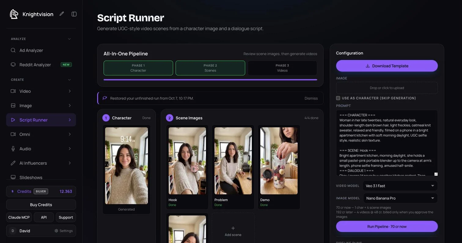 The storyboard gate in the app: the generated character, the four scene images, and the script with its credit estimate in the sidebar
