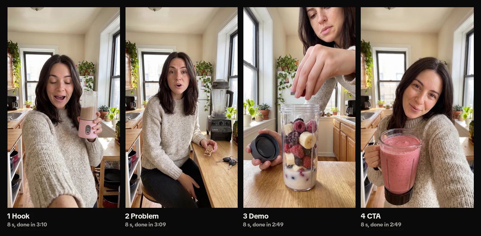 First frames of the four finished clips, each 8 seconds in 9:16, with the time each one took to generate